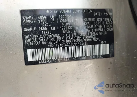 2020 Subaru Outback Premium z USA, uszkodzony, nr VIN 4S4BTACC5L3152446